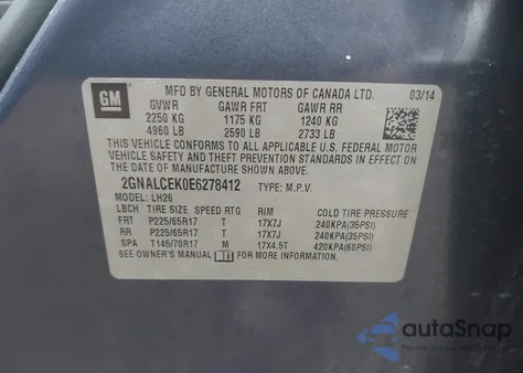 2014 Chevrolet Equinox 2Lt z USA, uszkodzony, nr VIN 2GNALCEK0E6278412